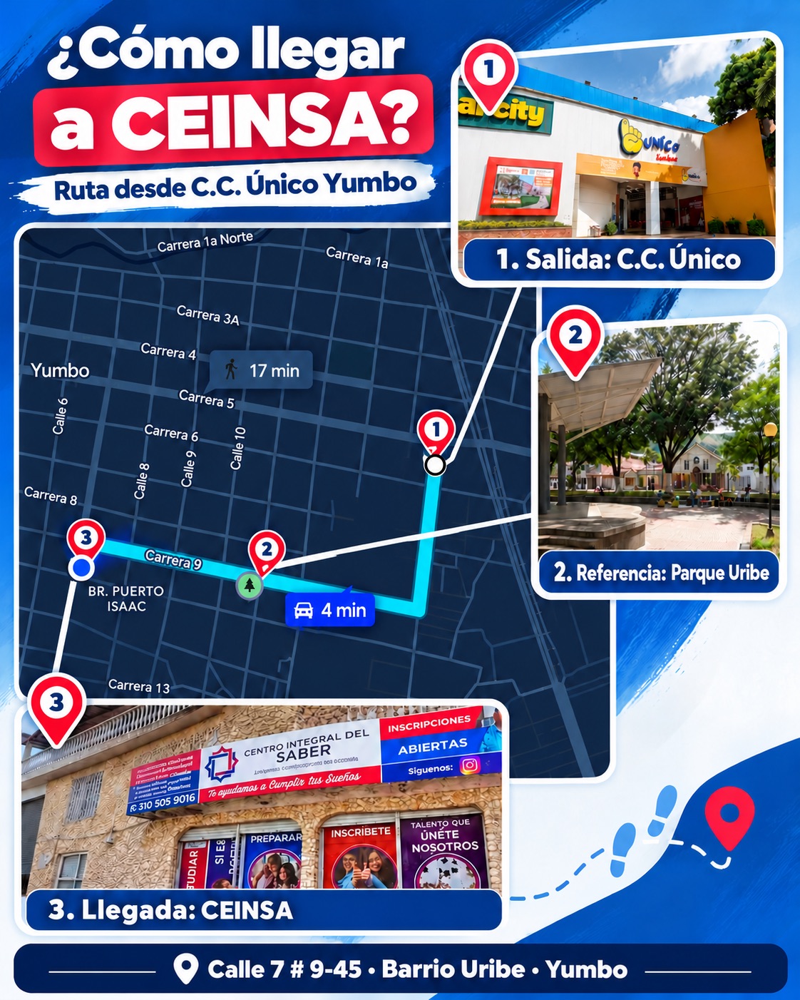 Mapa de la ruta desde el Centro Comercial Único de Yumbo, pasando por el Parque Uribe, hasta CEINSA